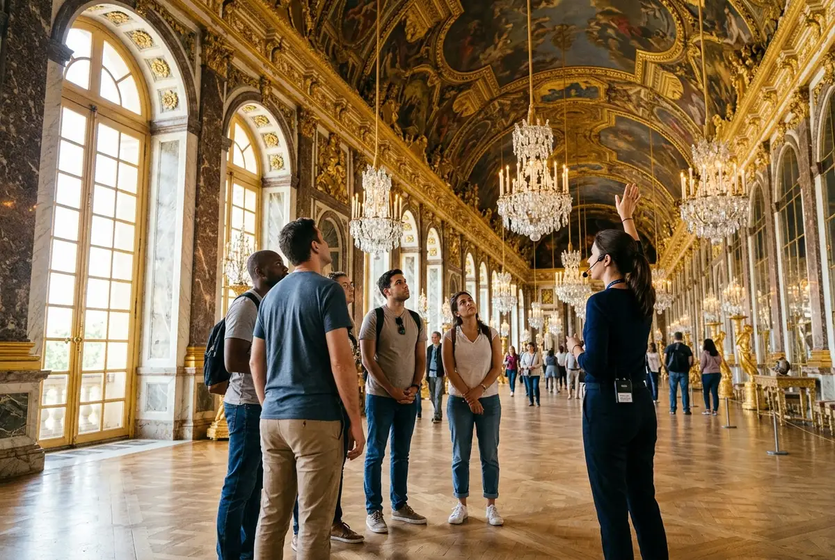 Small tour group listening to a guide gesture toward the gilded ceiling in the Hall of Mirrors at the Palace of Versailles, best versailles tour format
