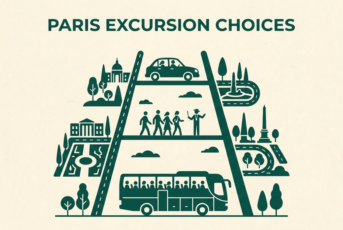 Infographic comparing versailles tour formats as a simple ladder of icons, a shared coach, a small group of figures, a single car, flat minimalist style, generic labels only, best versailles tour format comparison