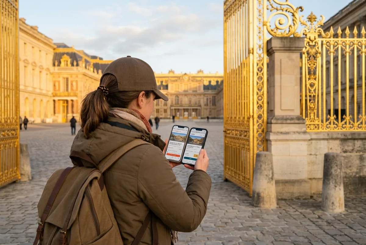 Traveler comparing GetYourGuide, Viator and Tiqets booking pages on a phone outside the gilded gates of the Palace of Versailles in early morning light, viator versailles tour booking comparison