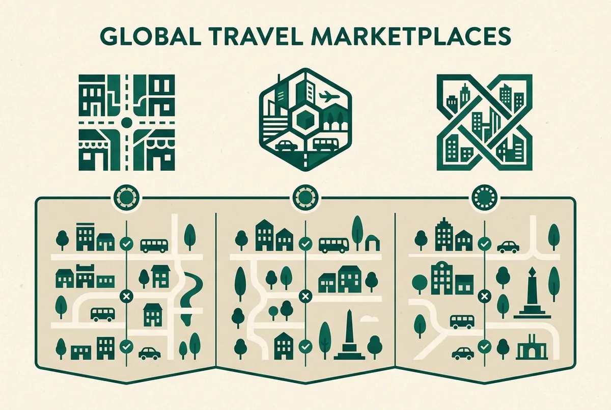 Infographic comparing three ticket marketplace icons labeled GetYourGuide, Viator and Tiqets above a simple checklist of free cancellation and instant mobile ticket, flat minimalist style, generic labels only, viator versailles platform comparison