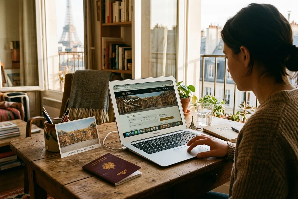 Traveler booking versailles tickets official website on a laptop at a Paris apartment desk, palace of versailles postcard and passport visible nearby