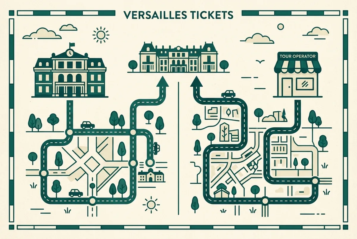 Simple side-by-side infographic comparing two paths to buy versailles tickets online, one icon for the official chateau website and one for a tour operator listing, flat minimalist style, no text other than generic labels