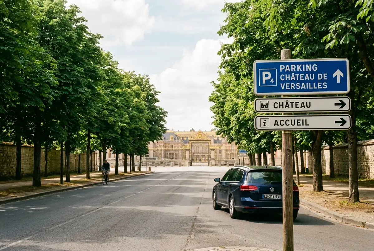 Car approaching the Palace of Versailles parking area signage on a tree lined road, daytime, clear directional signs visible