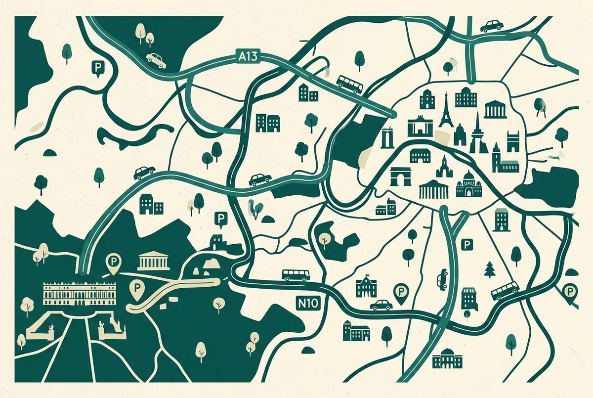 Simple flat map showing the A13 and N10 driving routes from central Paris to the Palace of Versailles with parking area markers, generic labels only, minimalist infographic style, driving to versailles from paris route map