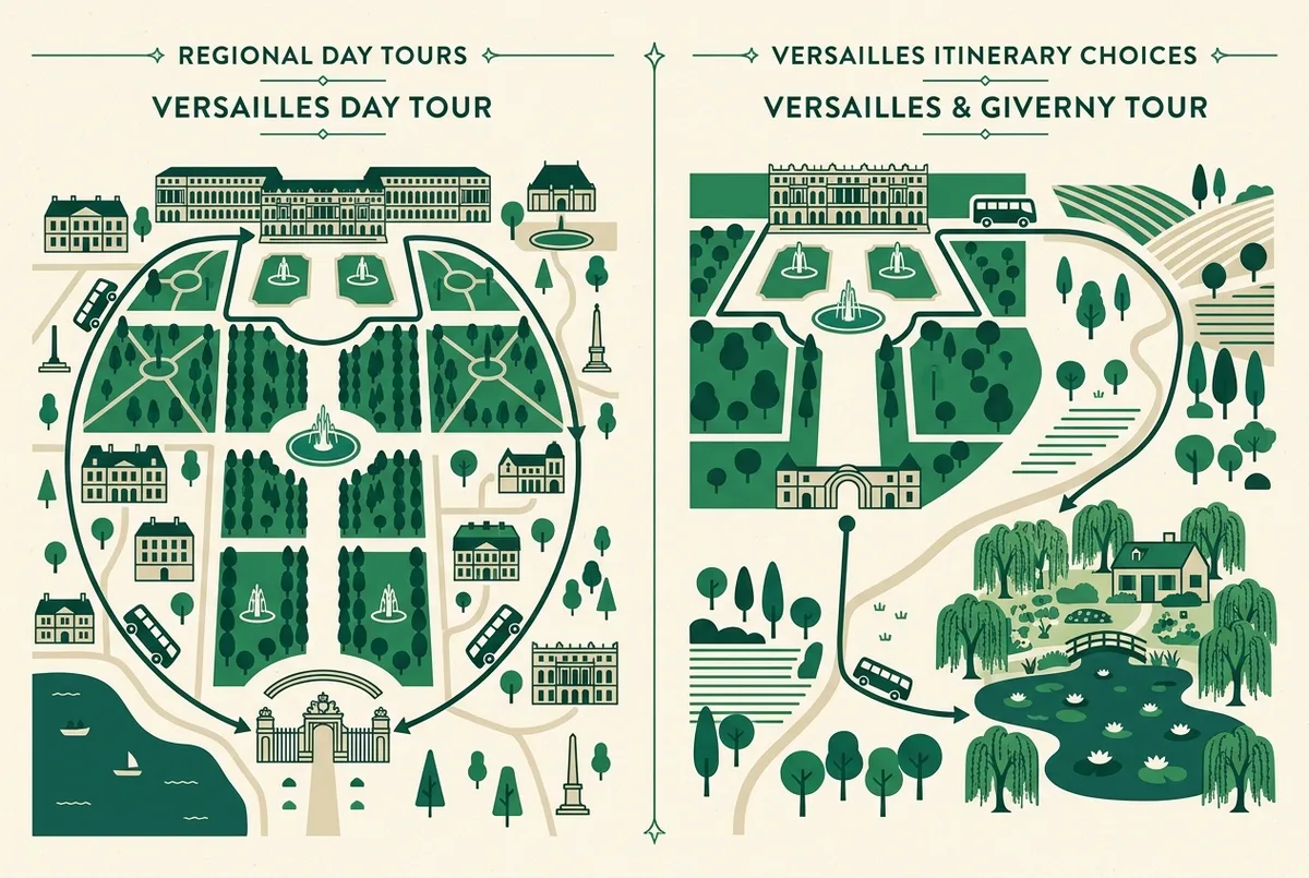 Simple split-panel map showing a full day Versailles-only itinerary against a Versailles-plus-Giverny itinerary, flat minimalist style, generic labels only, full day versailles tour route comparison