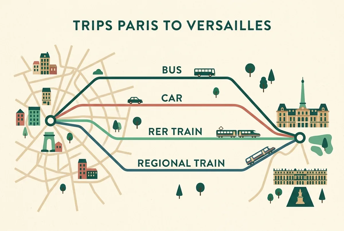 Simple flat infographic map comparing four transport routes from Paris to Versailles as labeled lines of different colors, minimalist style, generic route labels only, trip to versailles from paris transport options map
