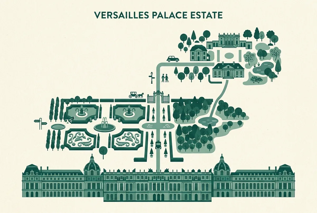 Simple map style illustration showing the route between the Palace of Versailles, the gardens and the Trianon estate