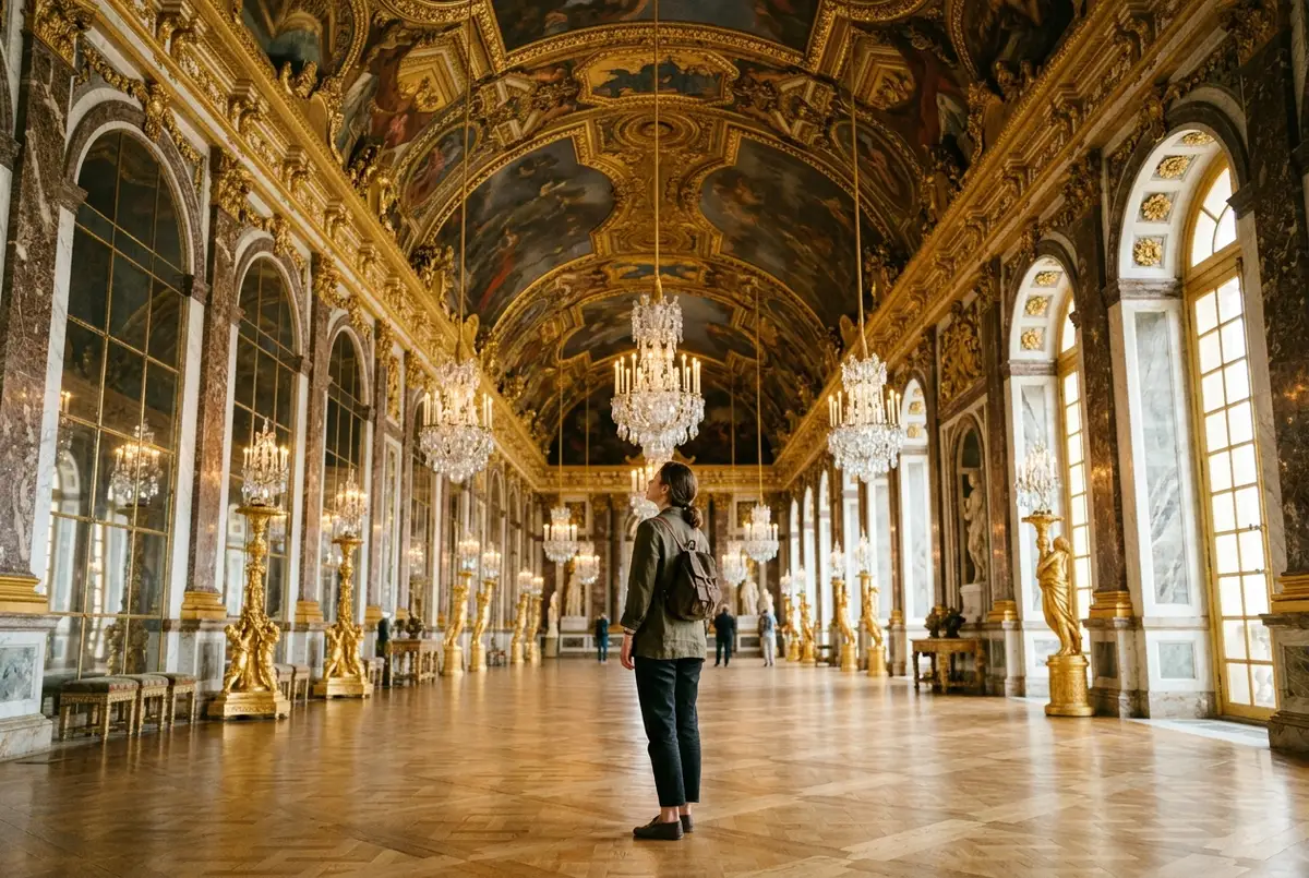 Traveler standing in quiet awe beneath the gilded ceiling of the Hall of Mirrors at the Palace of Versailles in soft morning light, versailles review worth visiting