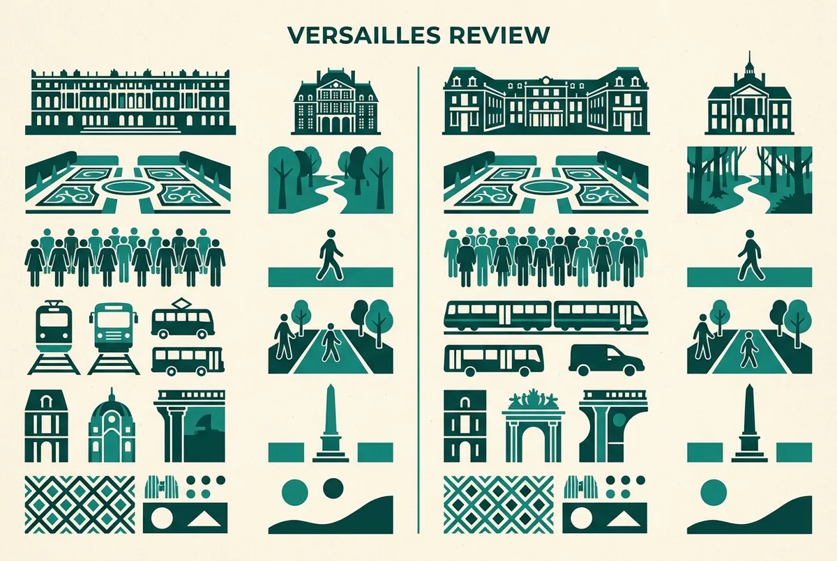 Simple two column infographic comparing Versailles pros and cons as flat icon rows, minimalist style, generic labels only, versailles review pros and cons comparison