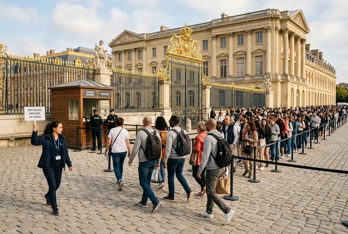 Small tour group moving past a long ticket queue toward a separate entry lane at the Palace of Versailles gates, guide holding a sign, mid-morning light