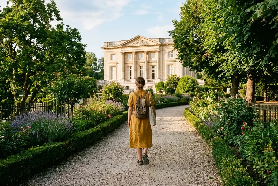 Krämvit fasad på Petit Trianon i Trianon-godset vid Versailles, landskapspark och besökare som går mot Hameau de la Reine en förmiddag