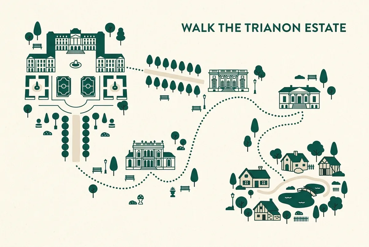 Enkel infografik som visar gångtiden mellan Versailles Slott, Grand Trianon, Petit Trianon och Hameau de la Reine för en trianon tickets-biljett, generiska ikoner för gångväg och skyttel, platt minimalistisk stil, ingen text förutom generiska etiketter