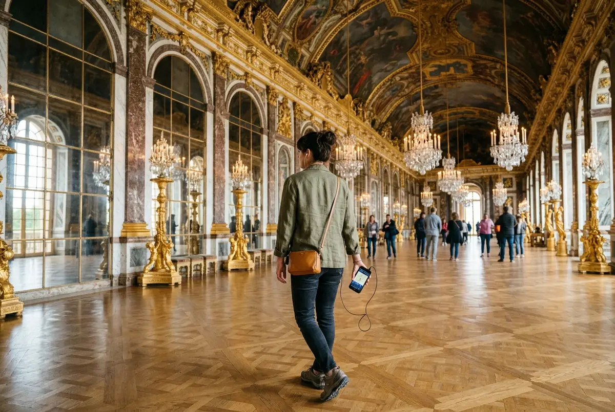 Traveler following the Versailles audio guide app on a smartphone while walking through the sunlit Hall of Mirrors, Palace of Versailles, versailles self guided tour