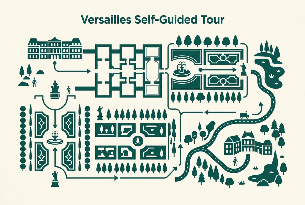 Simple route map icon graphic showing a self guided path through the Palace of Versailles state apartments, Hall of Mirrors, gardens and Trianon estate, flat minimalist style, generic labels only, versailles self guided tour route