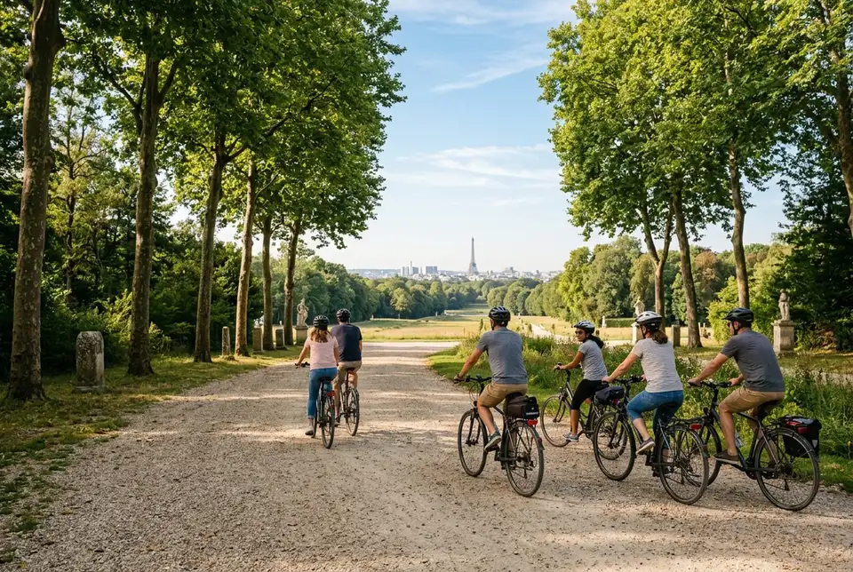 Small group cycling along a tree-lined gravel path at Versailles with a Paris departure point visible in the background, morning light, versailles bike tour from paris