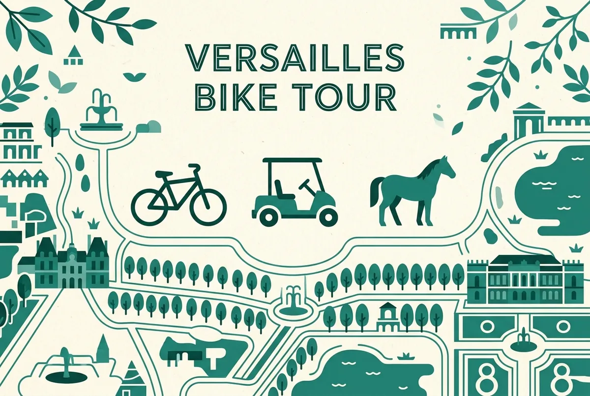Simple comparison graphic showing a bicycle icon, a golf cart icon and a horse icon side by side over a garden path outline, flat minimalist style, generic labels only, versailles bike tour active options comparison