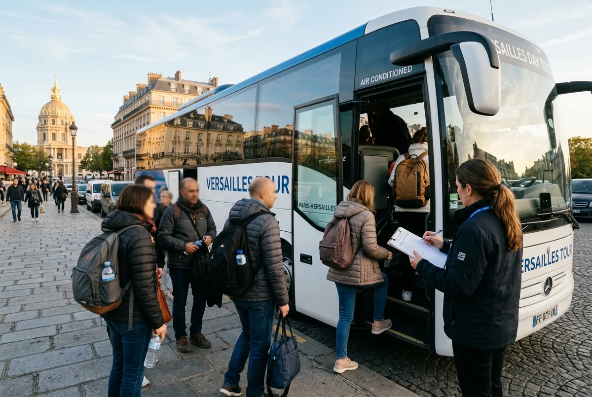 Tourists boarding an air conditioned coach for a bus tour to Versailles from Paris near a central Paris meeting point, guide checking names, morning