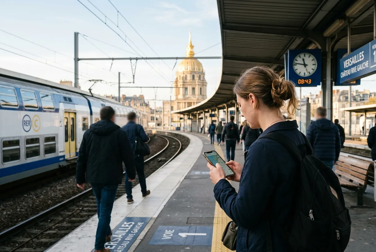 Traveler checking a day trip itinerary on a phone on the RER platform at Versailles Chateau Rive Gauche station, the palace dome visible in soft morning light
