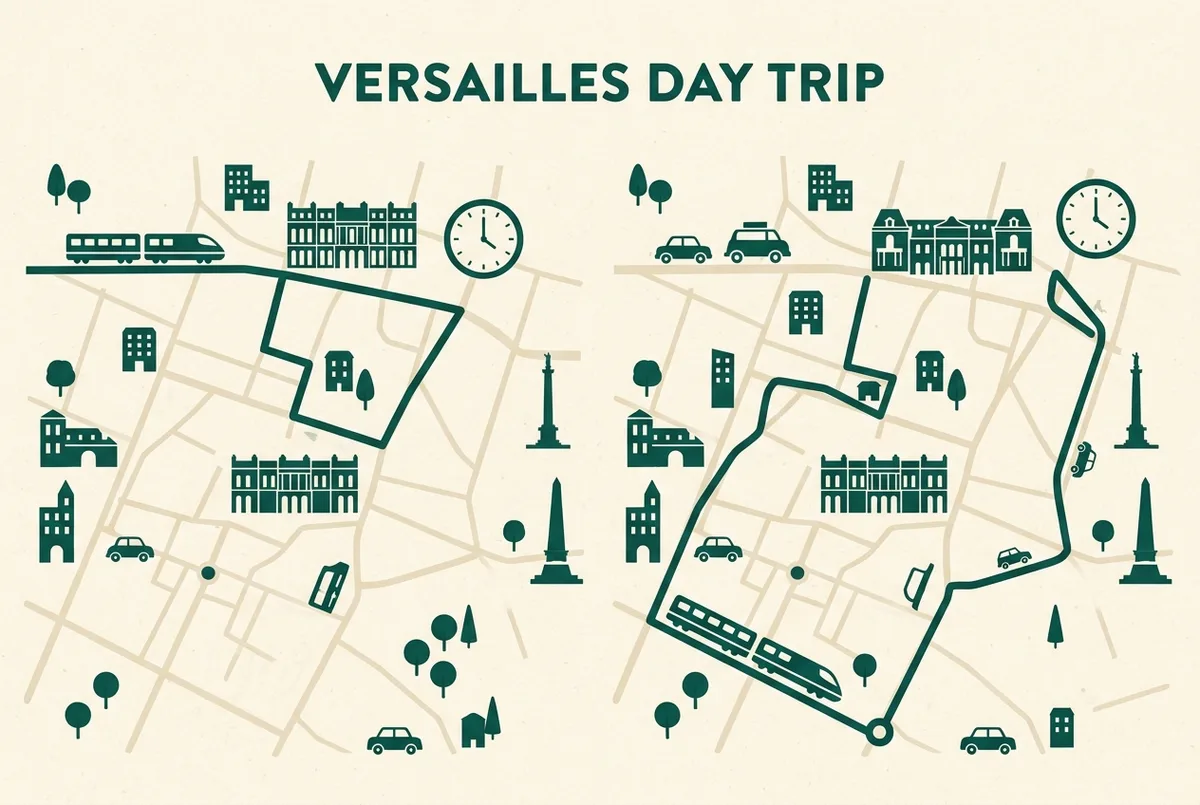 Simple route map comparing a half-day Versailles trip against a full-day Versailles trip, icons for a train, a palace facade and a clock face, flat minimalist style, generic labels only, versailles day trip from paris itinerary comparison