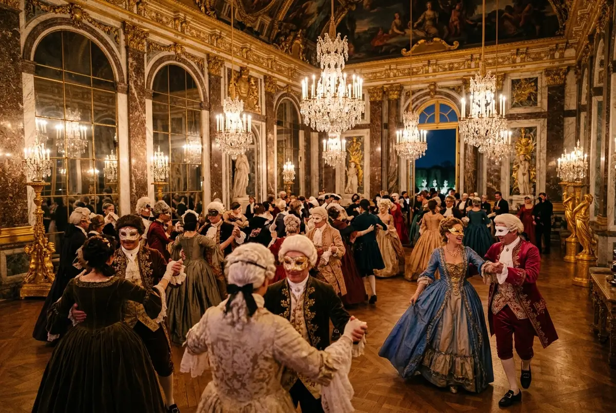 Elegant maskierte Besucher in historischen Kostümen tanzen abends im festlich beleuchteten Spiegelsaal von Schloss Versailles, schloss versailles maskenball Atmosphäre