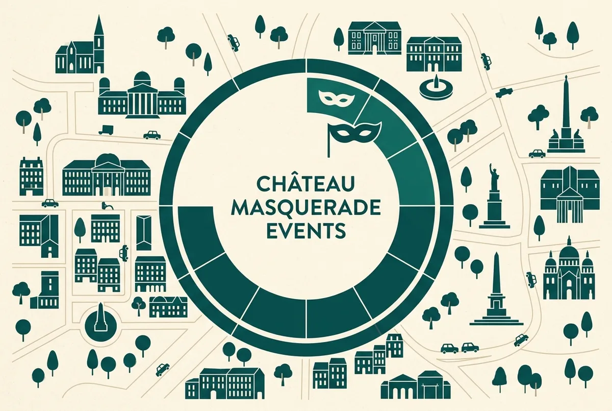 Einfache Kalenderinfografik mit einem Jahreskreis und einem hervorgehobenen Abschnitt für Sonderveranstaltungen, generisches Maskensymbol, flaches minimalistisches Design, keine Daten oder Preise im Bild, schloss versailles maskenball Veranstaltungskalender