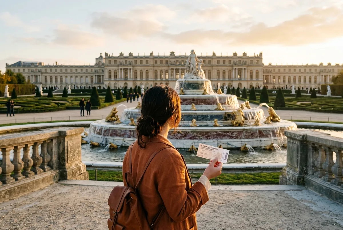Traveler holding a versailles gardens ticket while admiring the Latona Fountain at golden hour, Palace of Versailles facade in the background