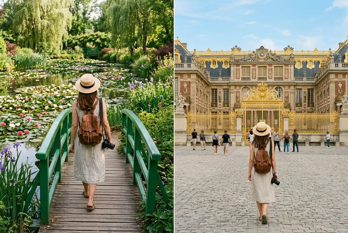 Split morning and afternoon scene of a traveler crossing Monet's green Japanese bridge at Giverny, then standing before the Palace of Versailles facade, versailles and giverny day trip