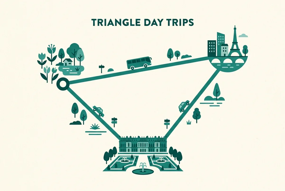 Simple route map showing a triangle between Paris, Giverny and Versailles, a coach icon tracing the path between the three points, flat minimalist style, generic labels only, versailles and giverny day trip route