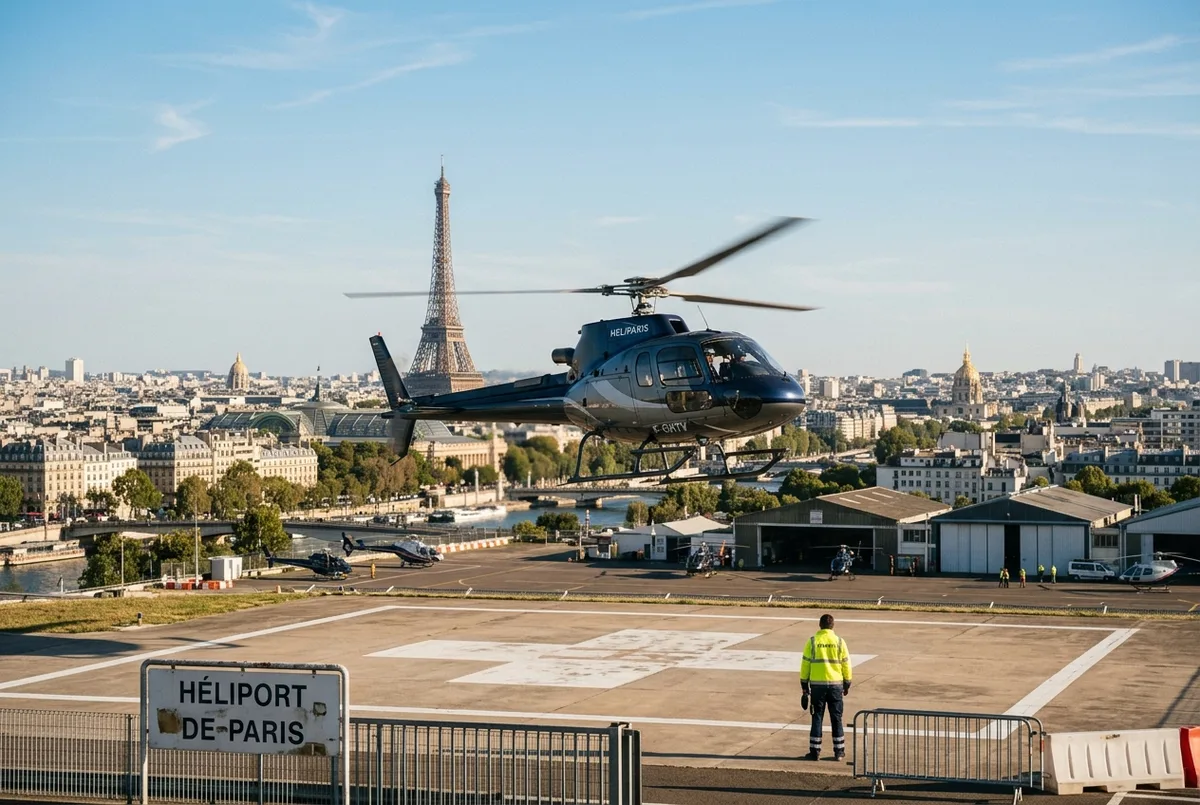Helicopter lifting off from a Paris heliport pad with the city skyline behind it, preparing for a Versailles helicopter tour from Paris, clear sky