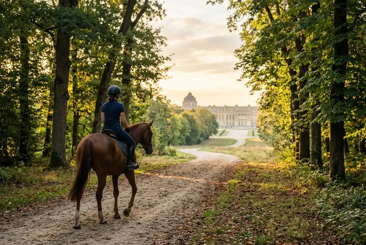 Rider on horseback along a tree-lined path near the Versailles grounds with the palace in the far distance, early morning light, versailles horseback riding tour