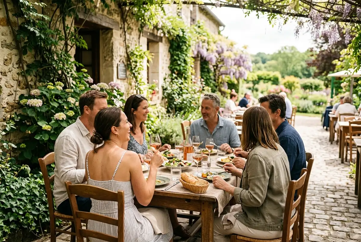 Small group seated at an outdoor restaurant table near Giverny during a tour lunch stop, soft midday light, versailles lunch tour meal break