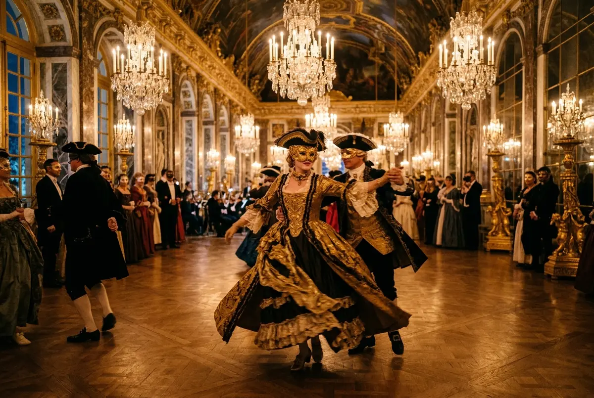 Besökare i maskeradkostym och guldmask dansar i Spegelsalen vid Versailles maskeradbal, ljuset av levande ljus en vinterkväll