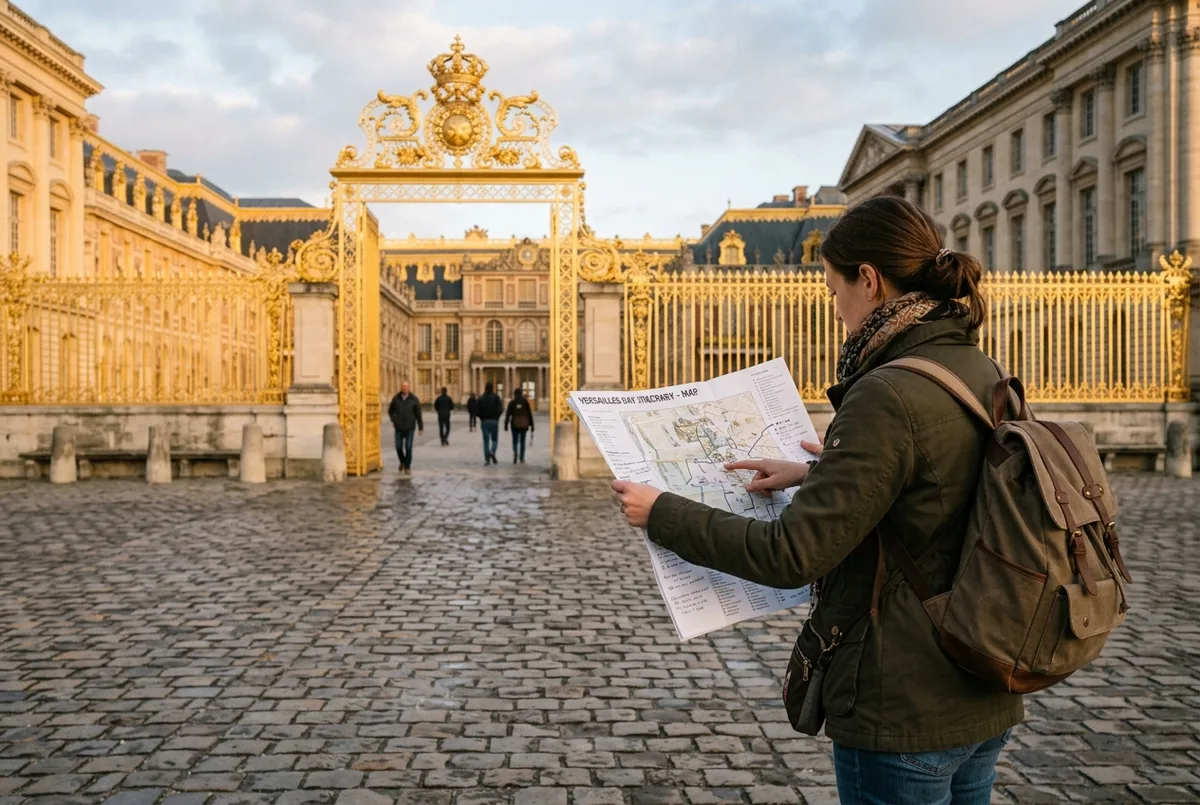 Traveler checking a paper itinerary map outside the Palace of Versailles gates in early morning light, versailles day itinerary planning