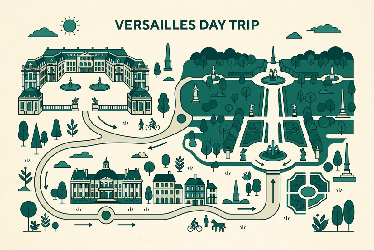 Simple hour by hour route map for a one day Versailles itinerary showing palace, gardens and Trianon as connected stops, flat minimalist infographic style, generic labels only, versailles day itinerary map