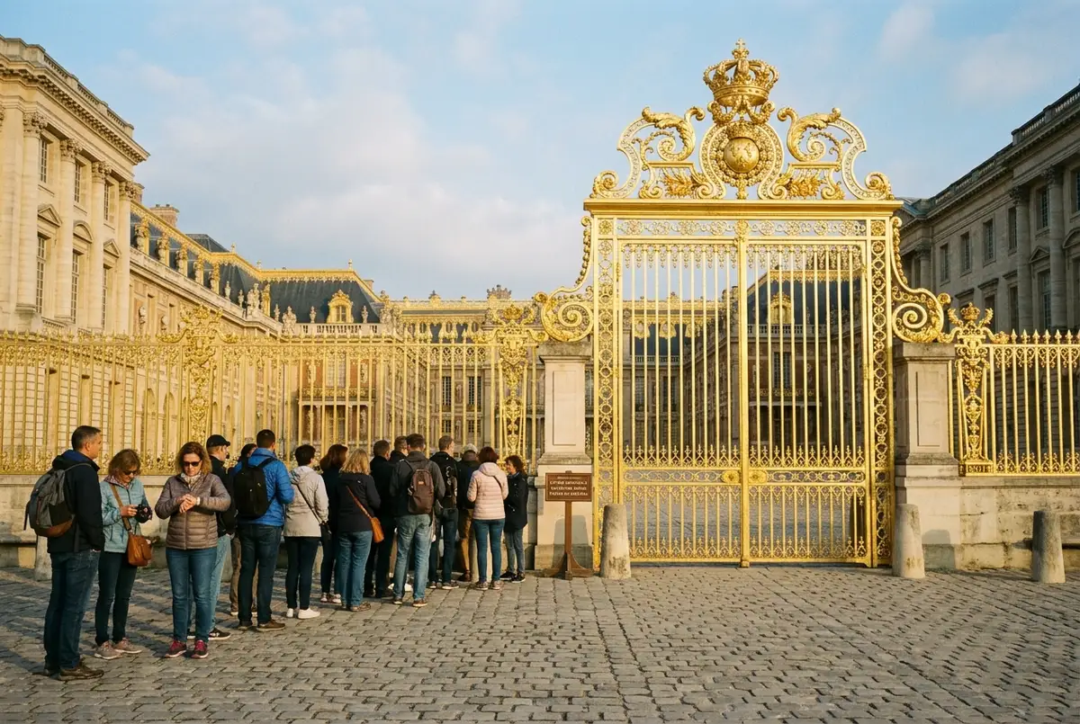 Morning light on the golden gates of the Palace of Versailles with a small queue forming before opening time, versailles opening hours