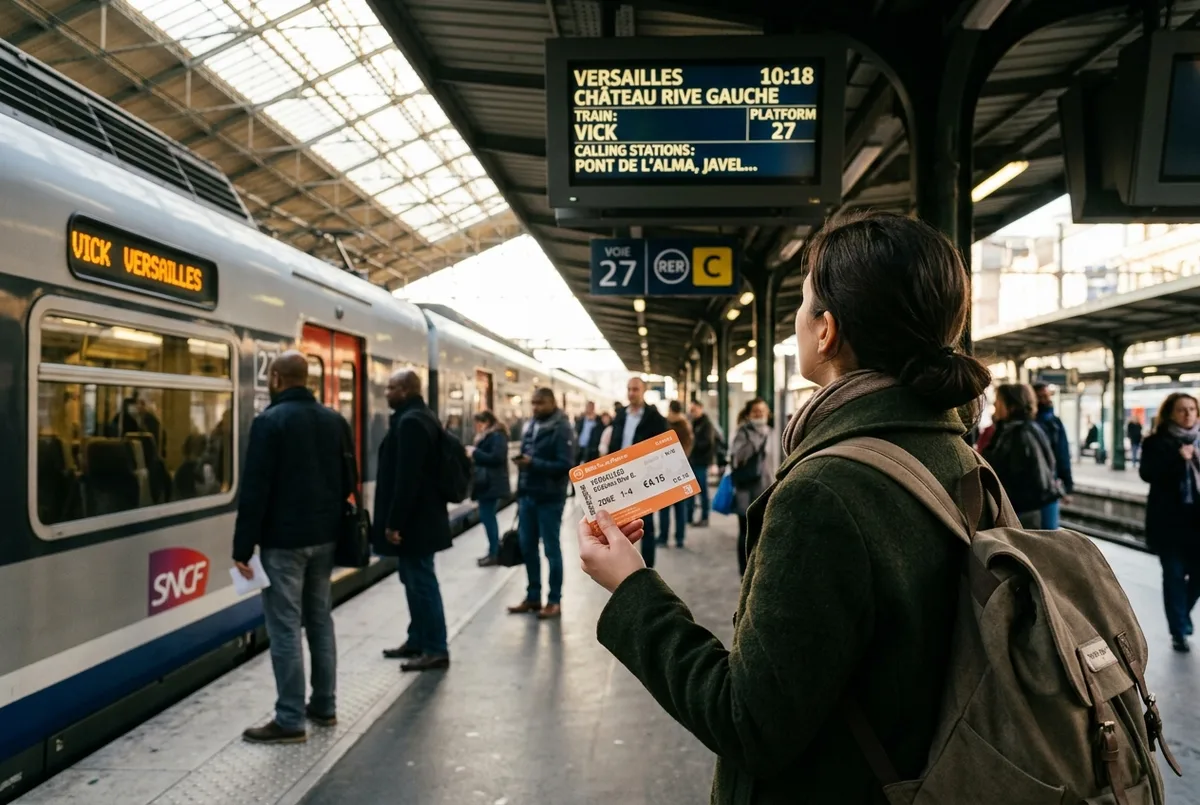 Traveler holding an RER ticket to Versailles on a Paris train platform, departure board overhead, morning light