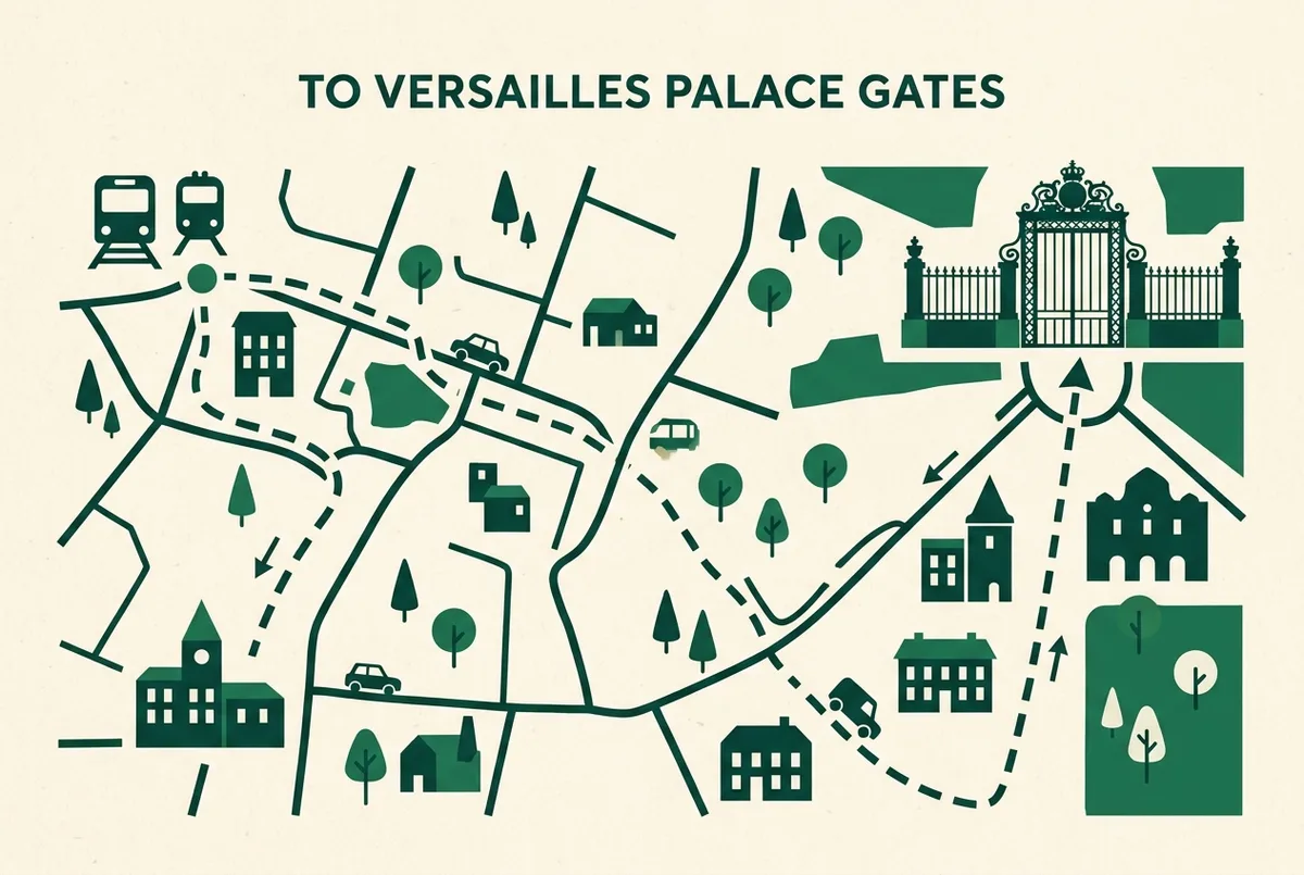 Simple flat map showing the walking route from Versailles Chateau Rive Gauche station to the palace main gate, labeled landmarks only, minimalist infographic style, rer ticket to versailles station walk route