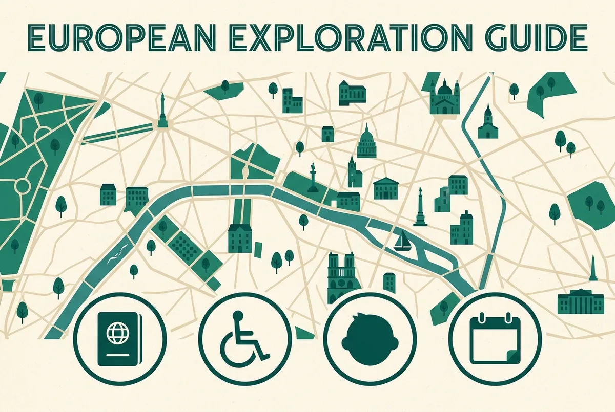 Simple infographic showing four discount eligibility categories as icons, a passport, a wheelchair symbol, a child silhouette and a calendar date, flat minimalist style, generic labels only, versailles admission cost categories