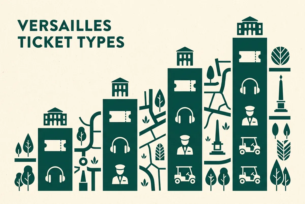 Simple infographic comparing four Versailles ticket tiers as stacked bars rising in price, generic icons for a ticket, headphones, a tour guide figure, and a golf cart, flat minimalist style, no text other than generic labels, versailles ticket prices comparison