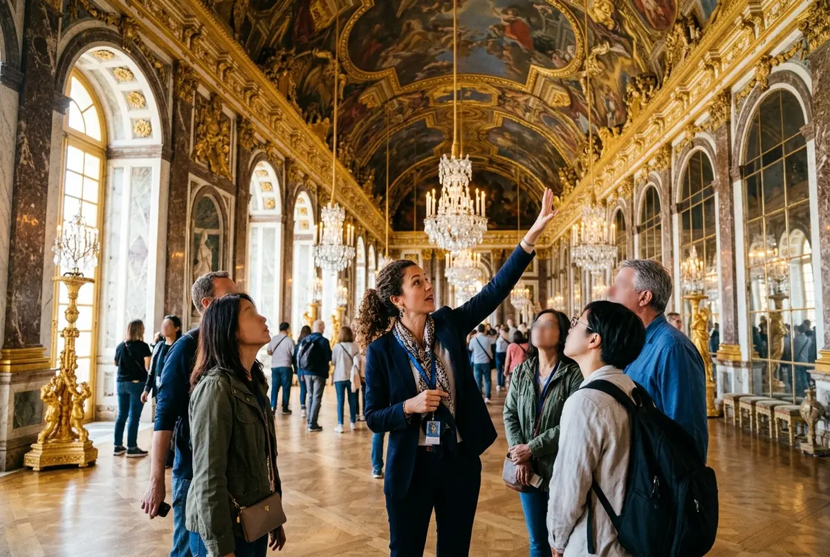 Guia turistic explicant amb gestos la facana del palau de versalles a un grup petit en una visita guiada versalles español, llum daurada de tarda