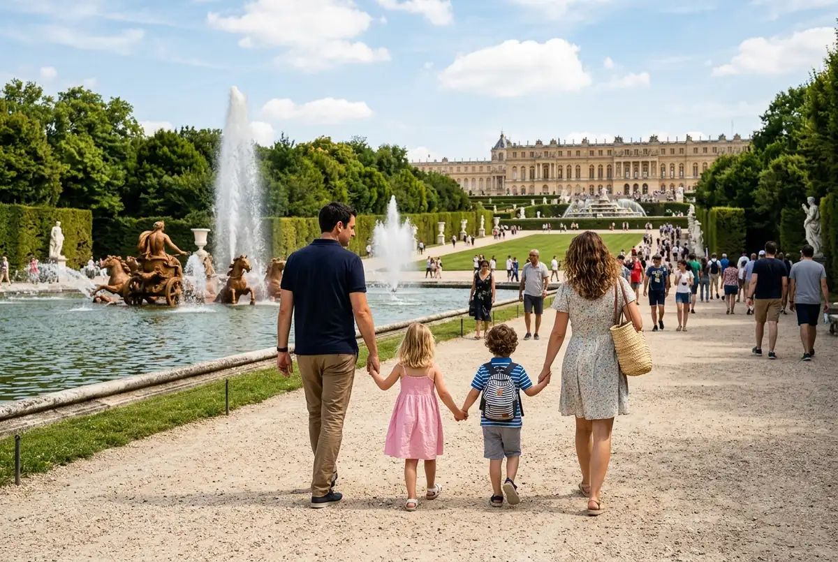 Family with two young children walking hand in hand through the Gardens of Versailles near a fountain on a sunny afternoon, versailles with kids