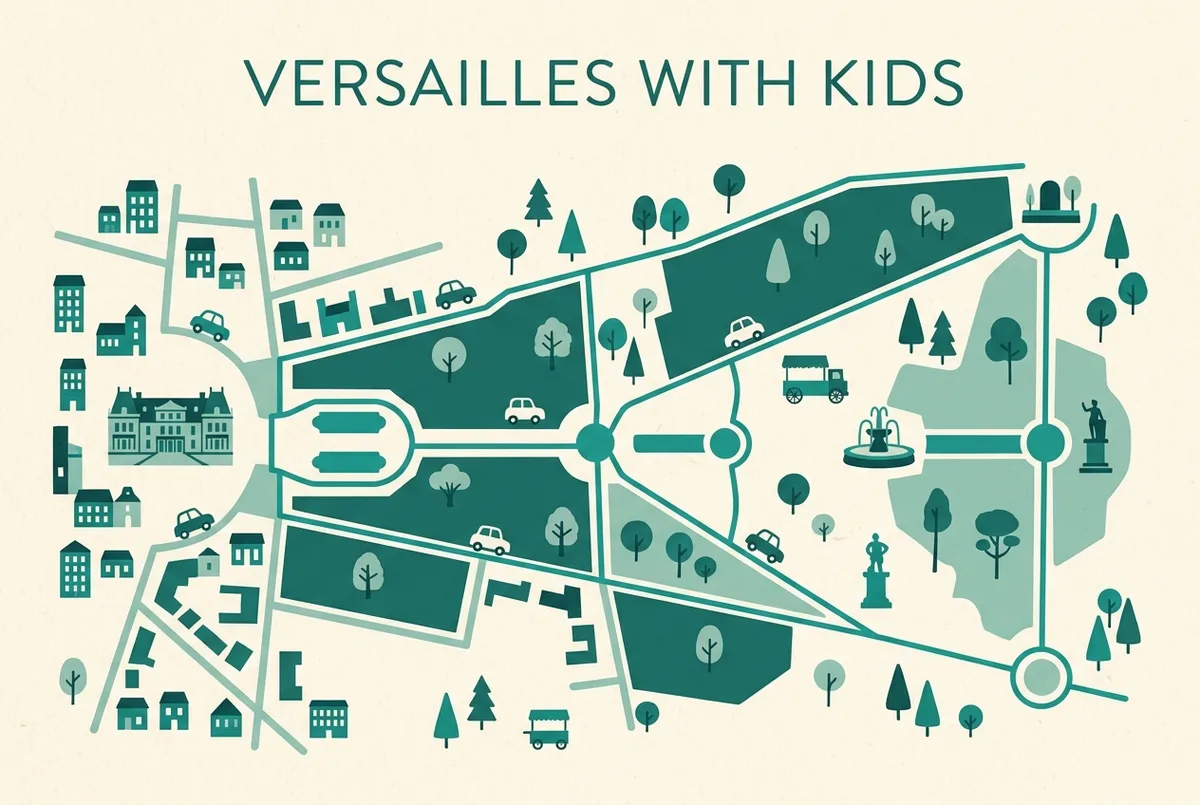 Simple flat map graphic showing kid friendly zones of the Versailles gardens as shaded sections with a path line, minimalist style, generic area labels only, versailles with kids family friendly map