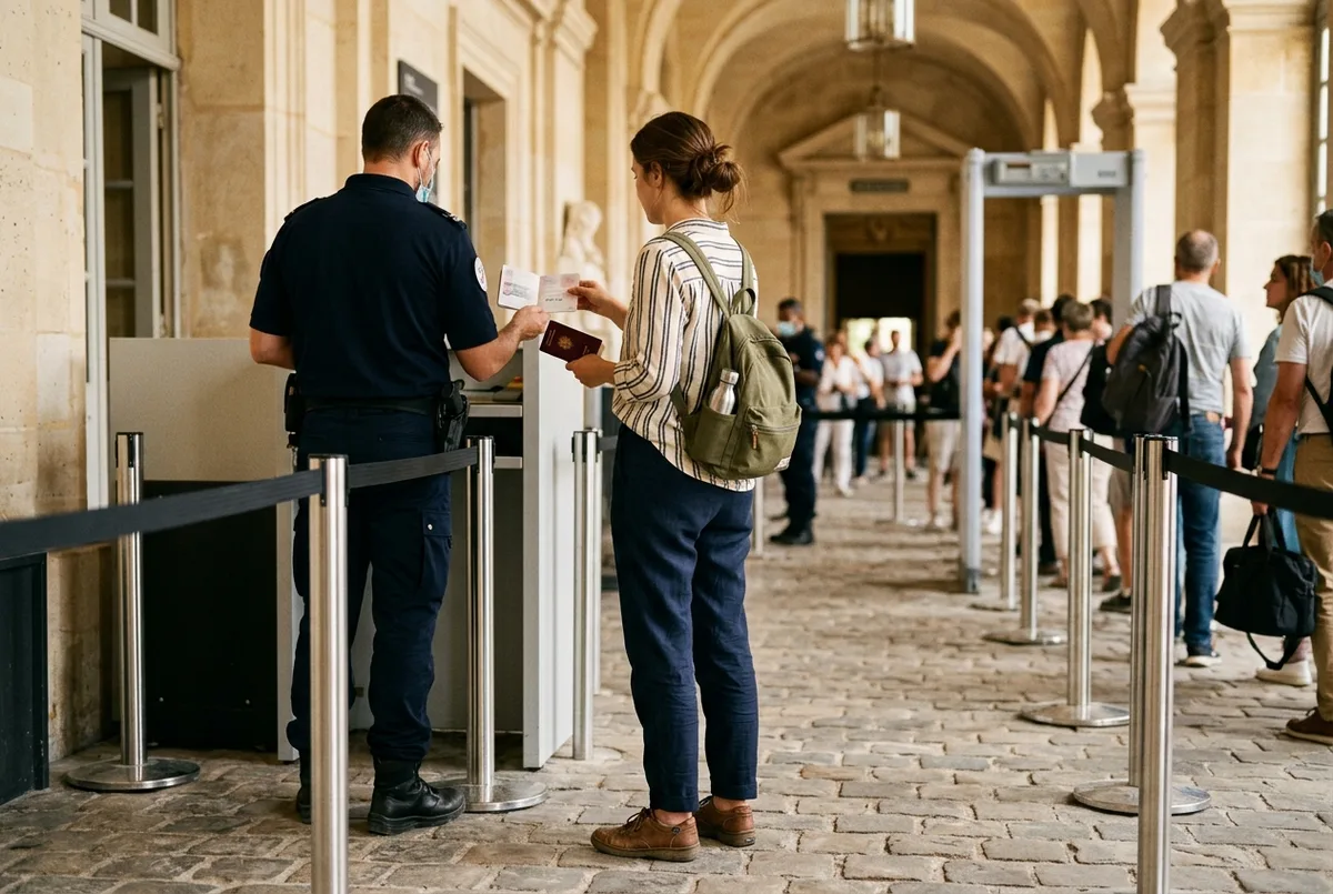 Voyageur avec un petit sac à dos ouvert pour contrôle de sécurité devant les grilles du château de Versailles, agent de sécurité au premier plan, matin ensoleillé