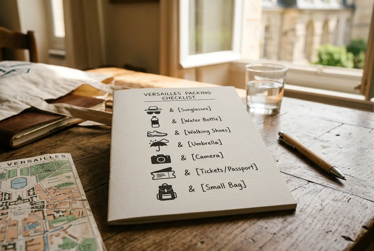 Infographie simple listant les objets autorisés et interdits pour visiter le château de Versailles, icônes génériques pour sac, bouteille d'eau et valise, style minimaliste plat, aucun texte hormis des étiquettes génériques